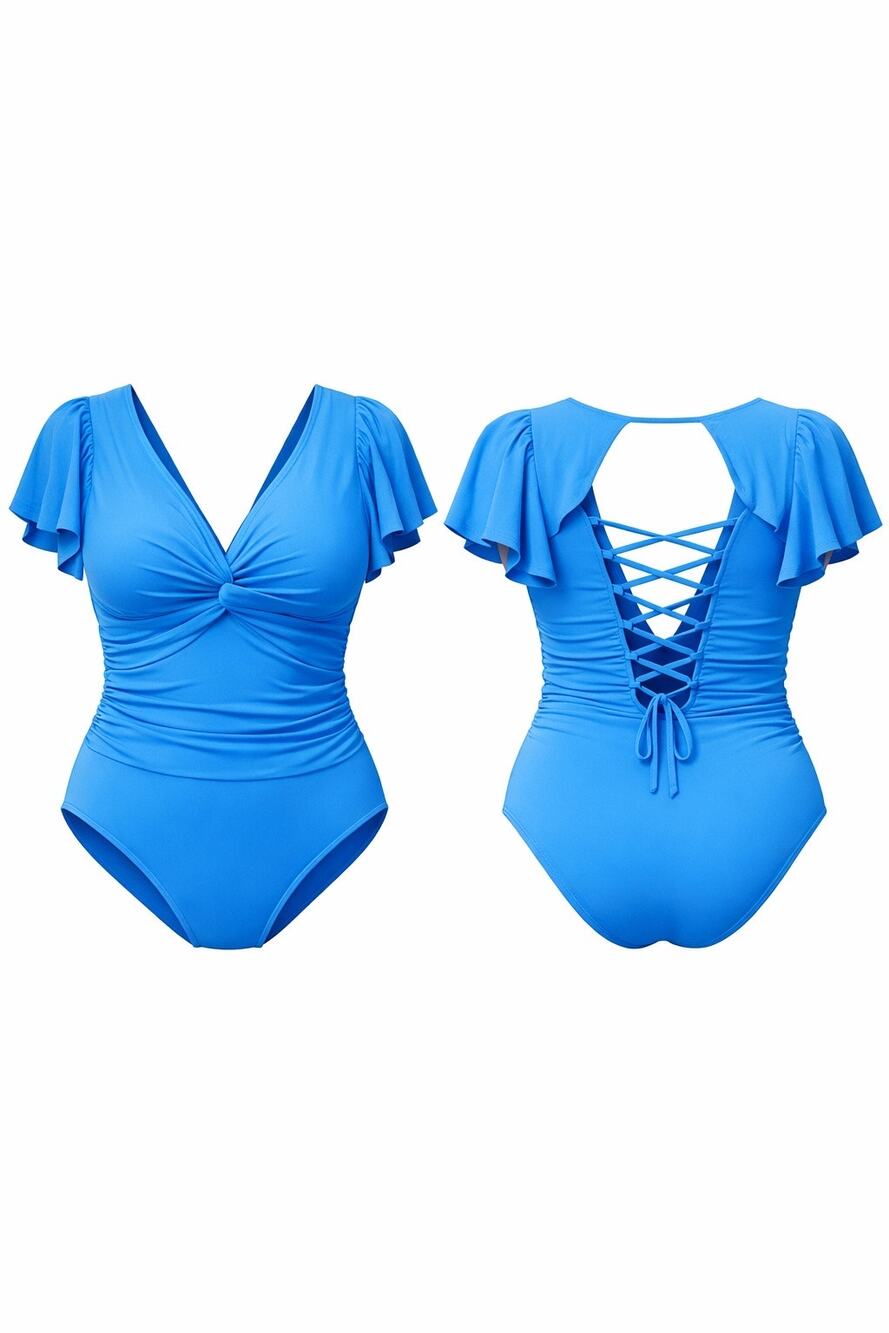 Aprilake New Med Tummy Control Swimsuit V Neck One Piece Slimming Lace-up Ruffle